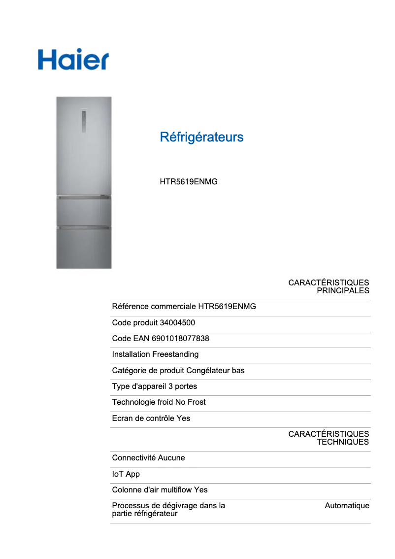 Página 1 del manual Ficha técnica Haier HTR5619ENMG