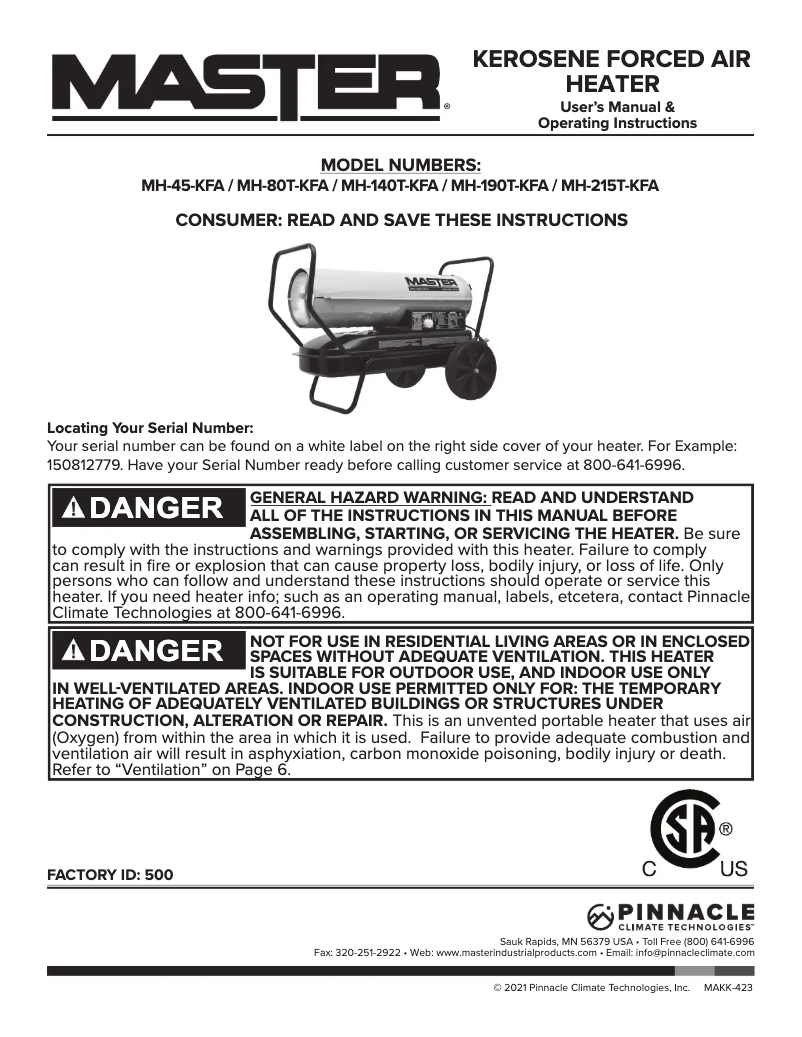 Page 1 de la notice Manuel utilisateur Master MH-140T-KFA