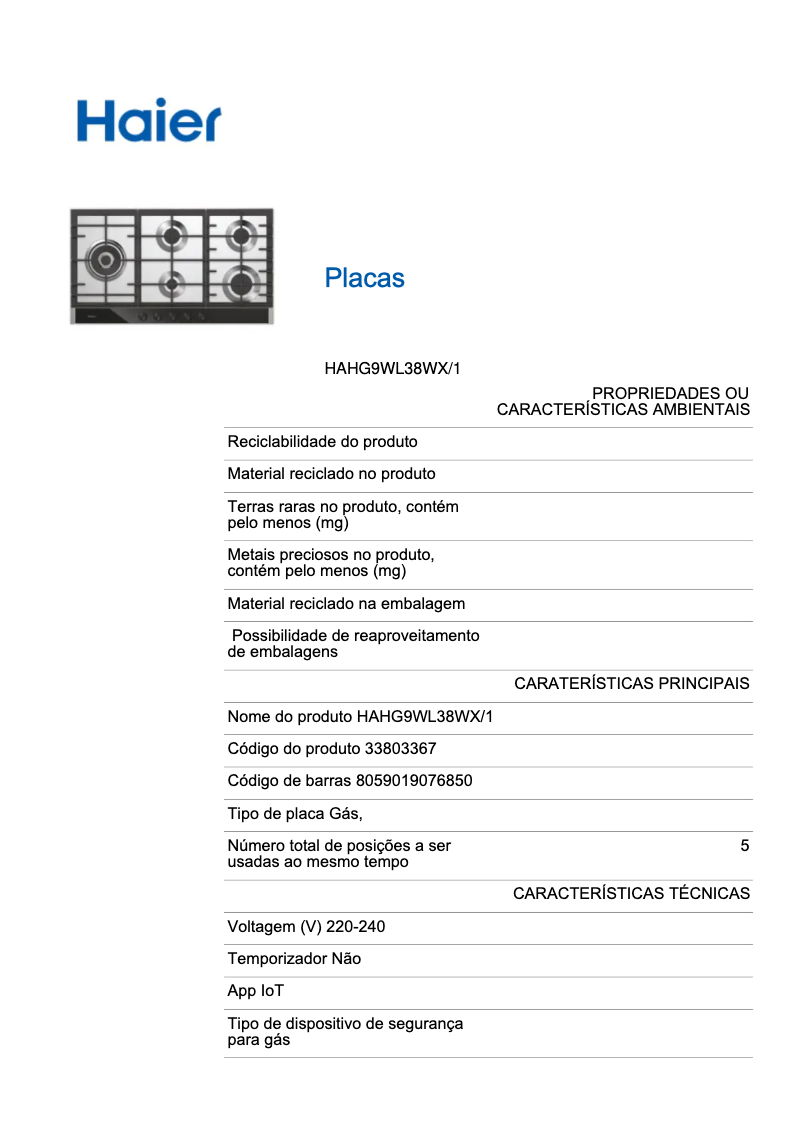 Page 1 de la notice Label énergétique Haier HAHG9WL38WX/1