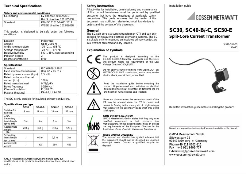 Page 1 de la notice Manuel utilisateur Gossen SC40-C