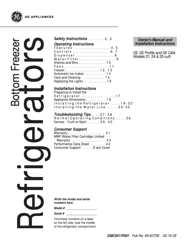 Page 1 de la notice Manuel d'utilisation et d'entretien GE Artistry ABE21DGKBS