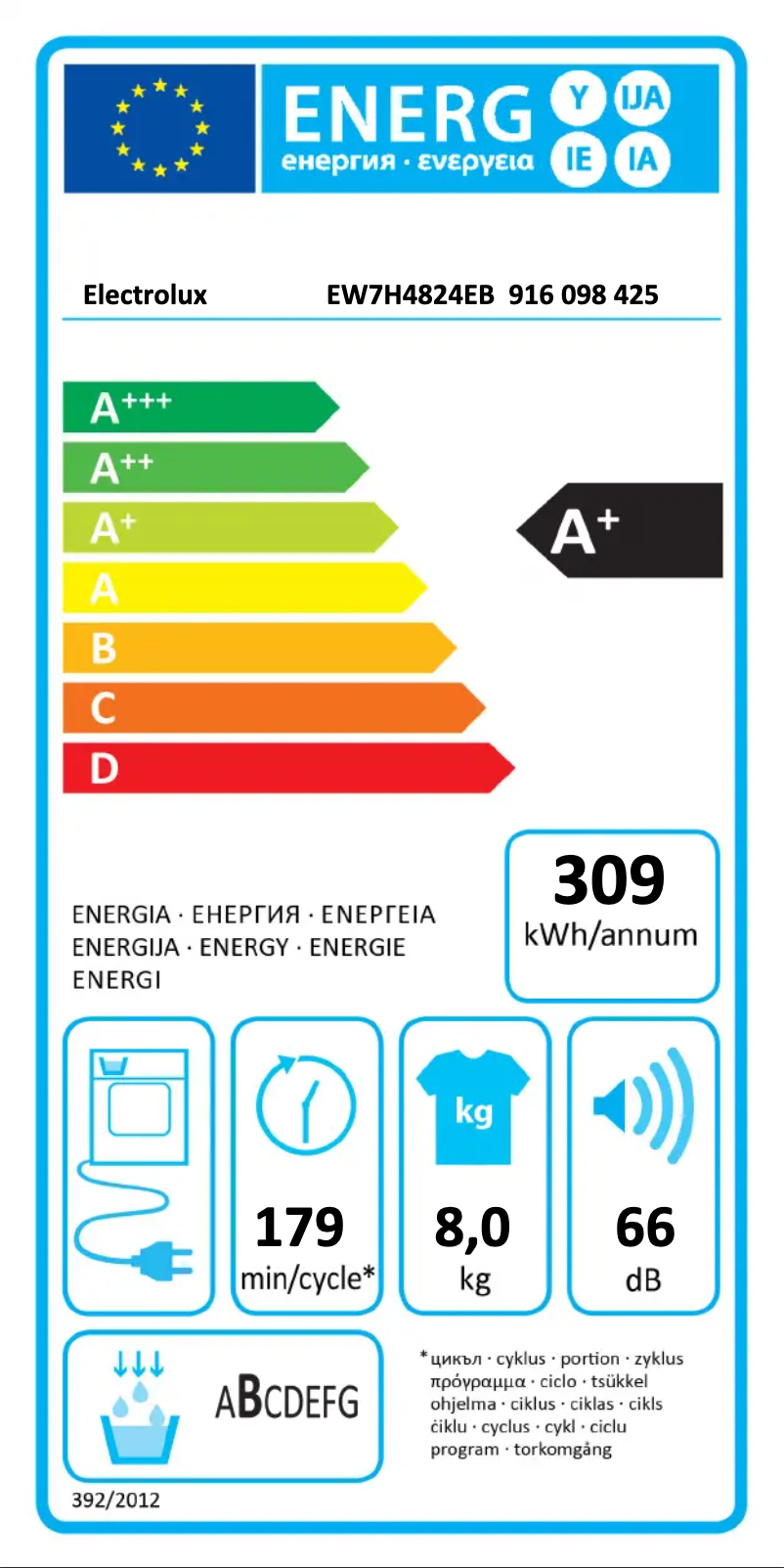 Page 1 de la notice Label énergétique Electrolux EW7H4824EB
