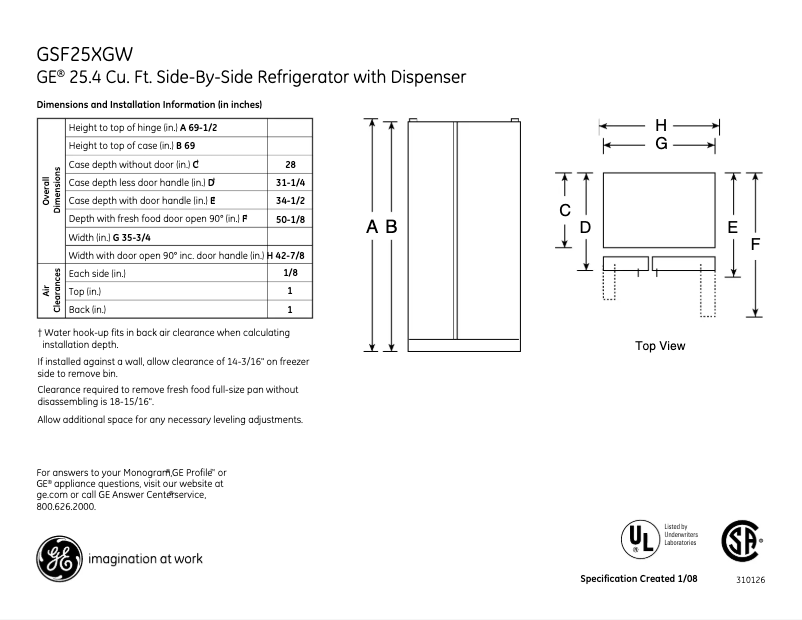 Page n°1 - Fiche technique GE GSF25XGWBB
