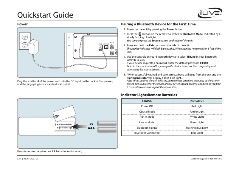 Page 1 de la notice Guide de démarrage rapide iLive ITB295B