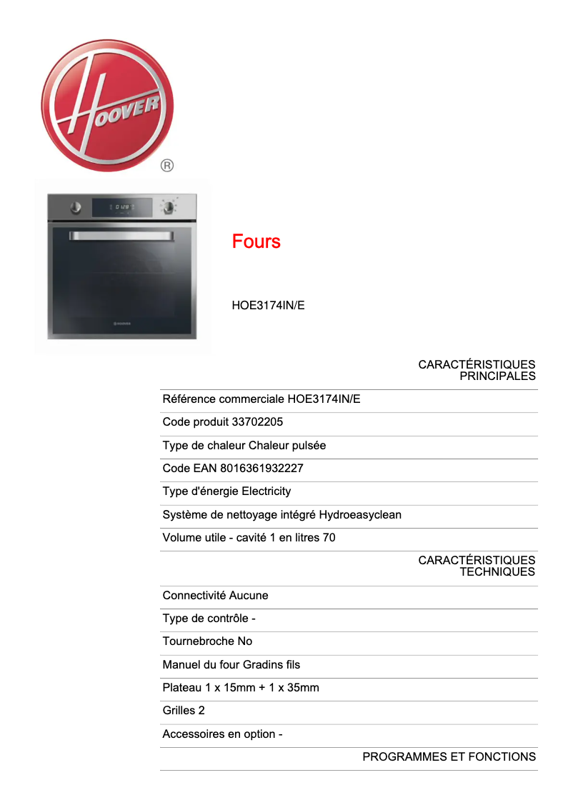 Page 1 de la notice Fiche technique Hoover HOE3174IN/E