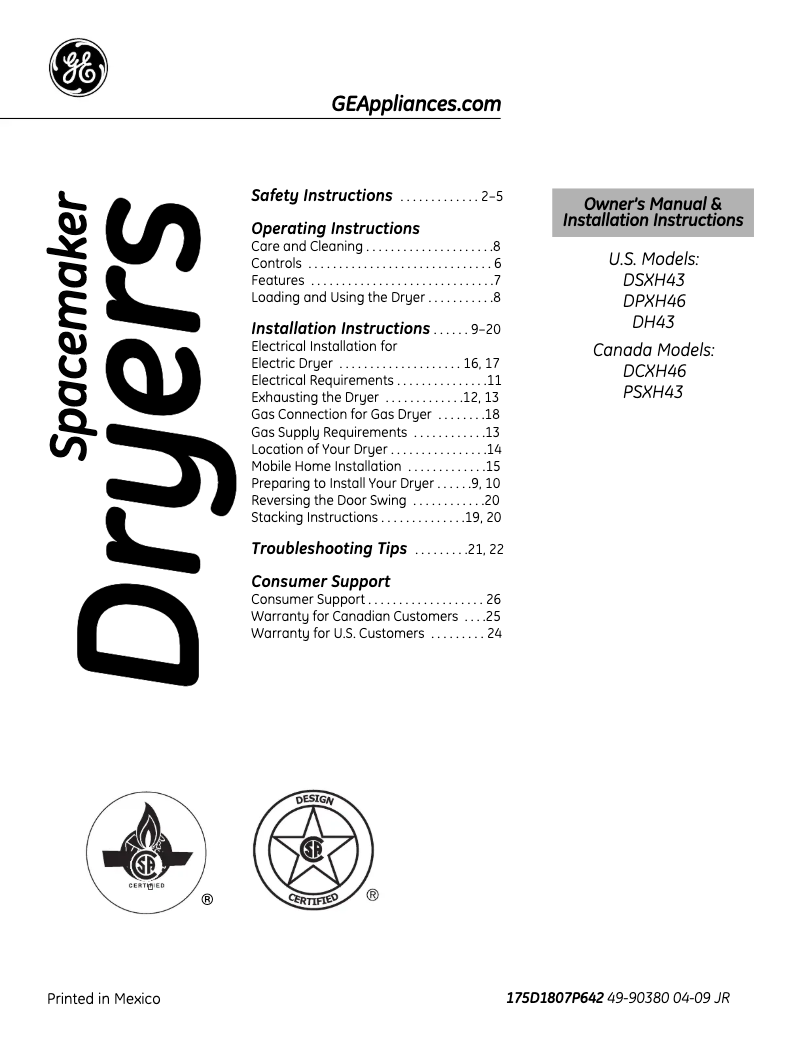 Página 1 del manual Guía de instalación GE Profile DPXH46GACC