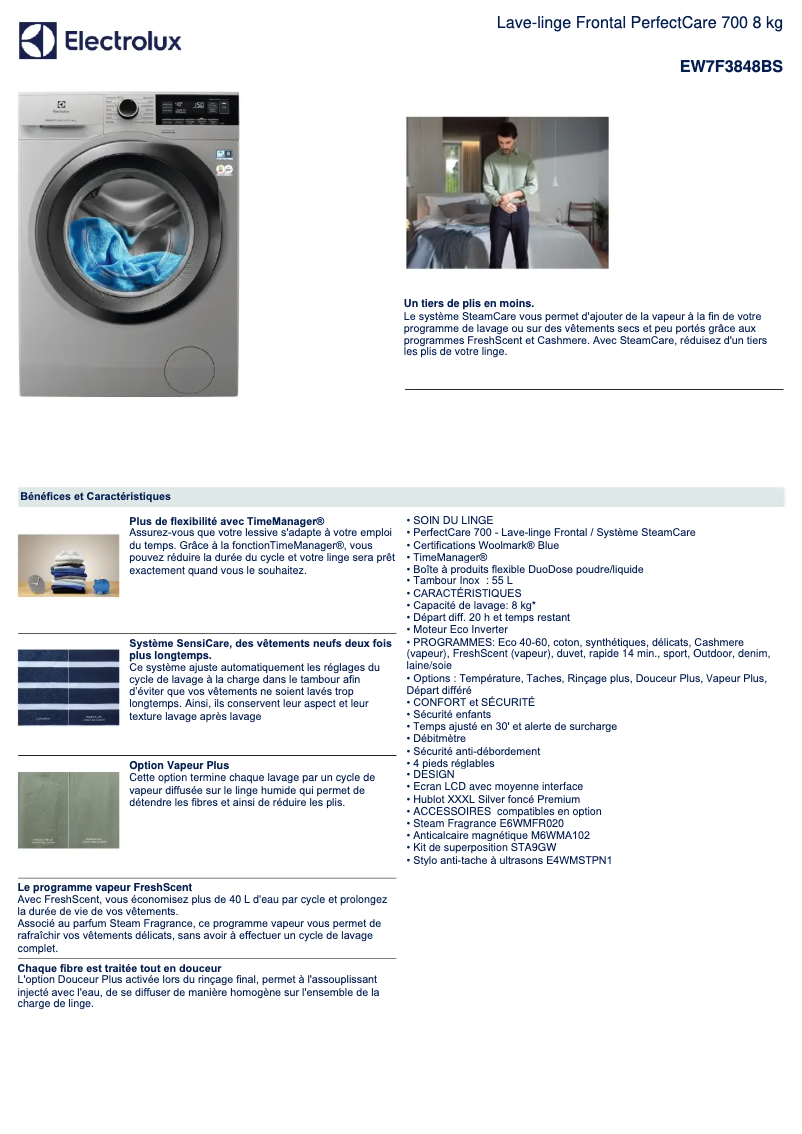 Page 1 de la notice Fiche technique Electrolux EW7F3848BS