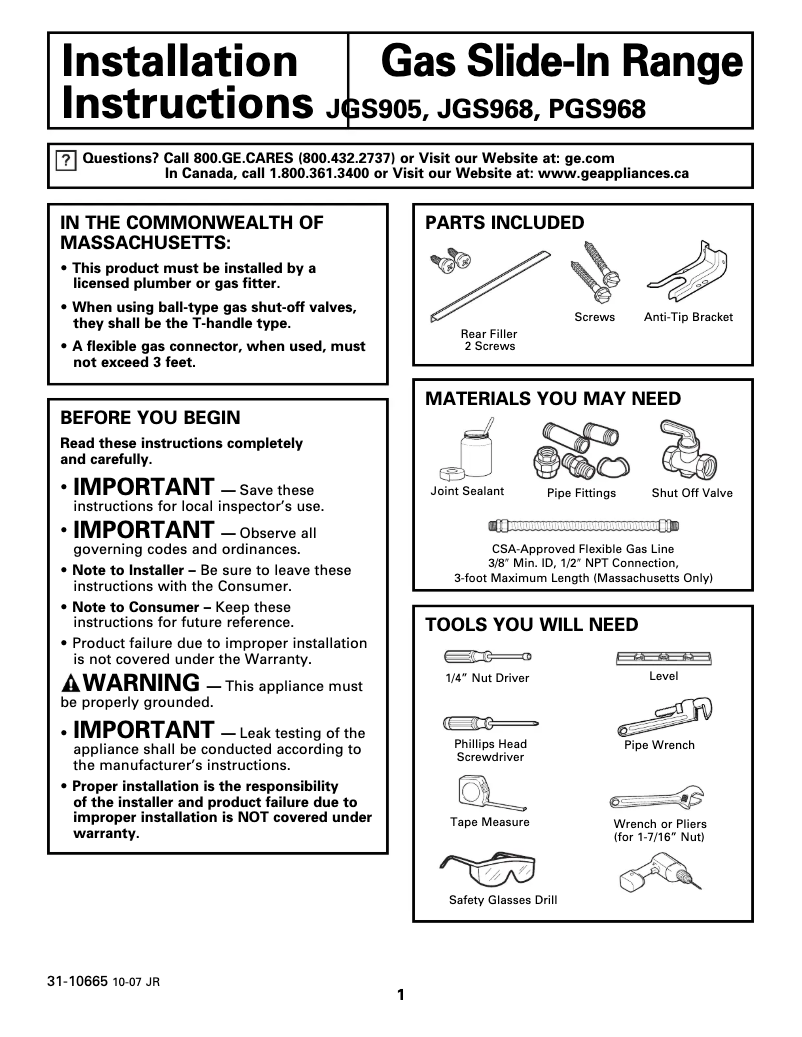 Page 1 de la notice Guide d'installation GE Profile JGS905SEKSS