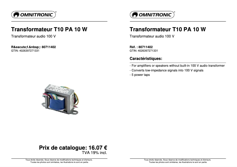 Page 1 de la notice Fiche technique Omnitronic ELA-T10