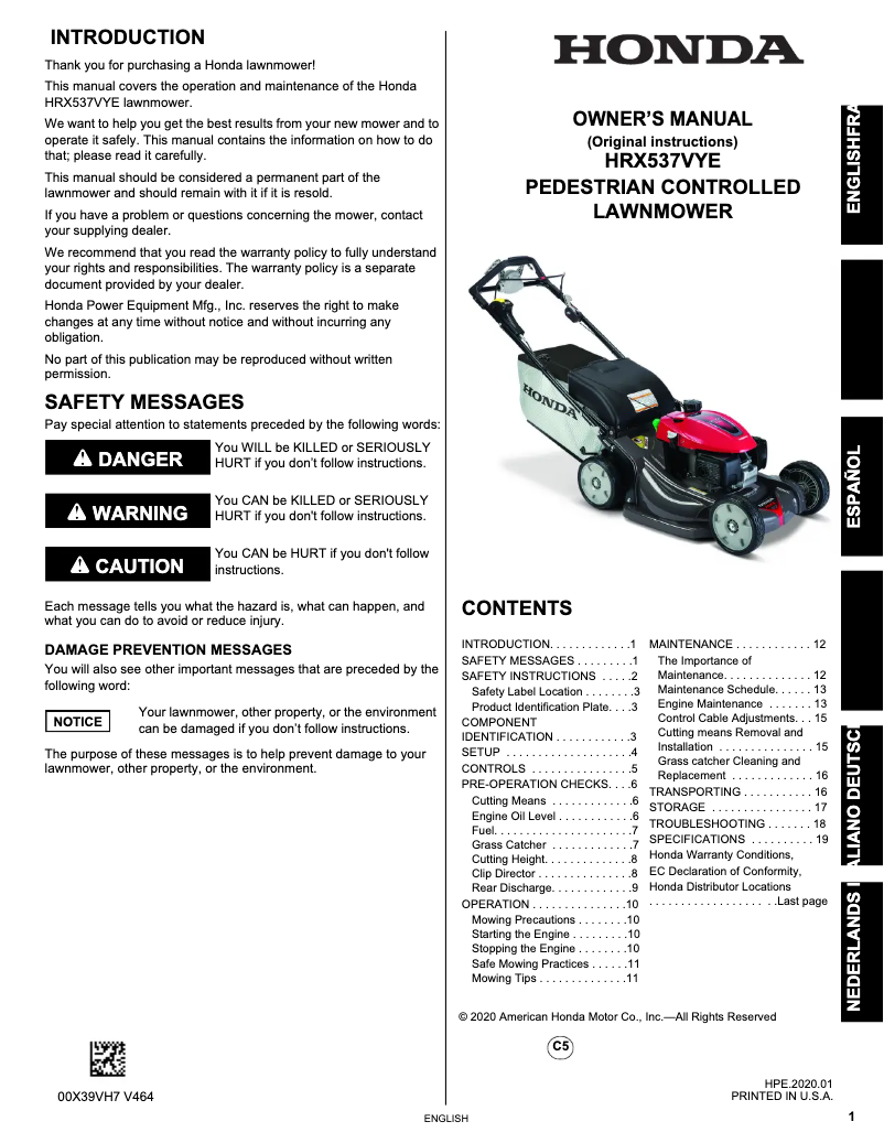 Page 1 de la notice Manuel utilisateur Honda HRX 537 VY