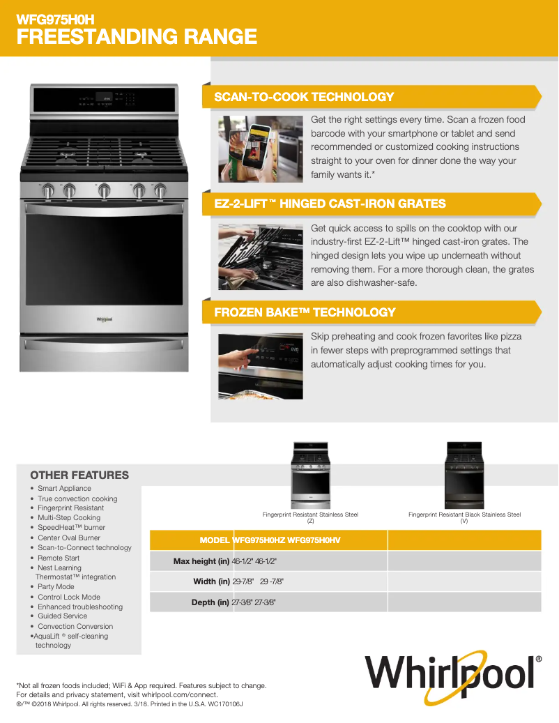 Page 1 de la notice Fiche technique Whirlpool WFG975H0HV