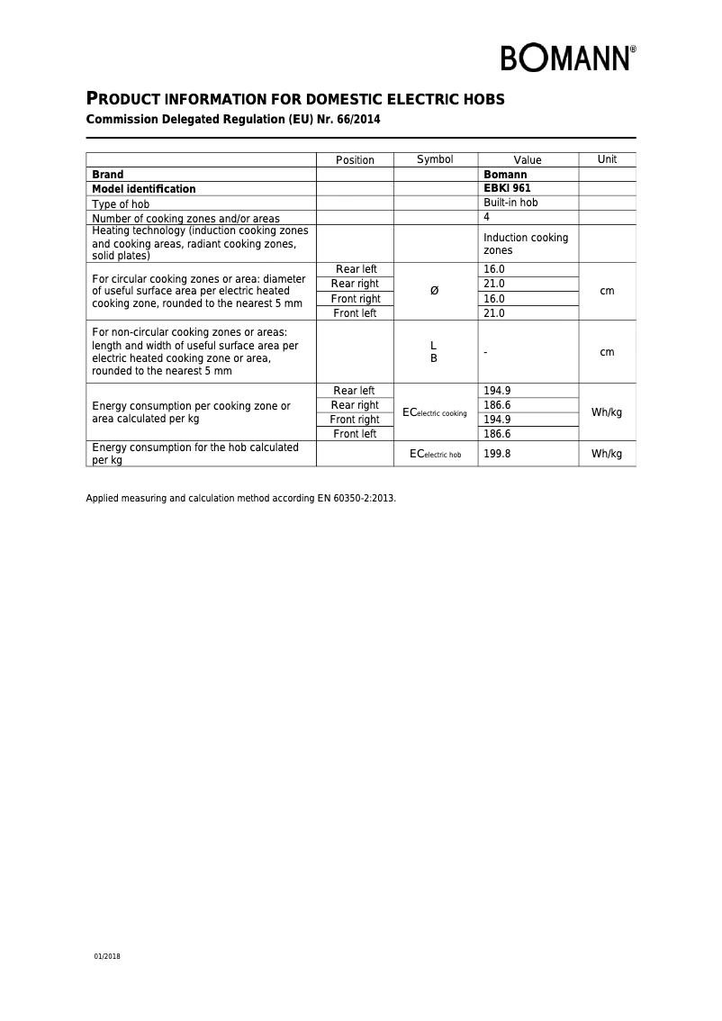 Page 1 de la notice Fiche technique Bomann EBKI 961