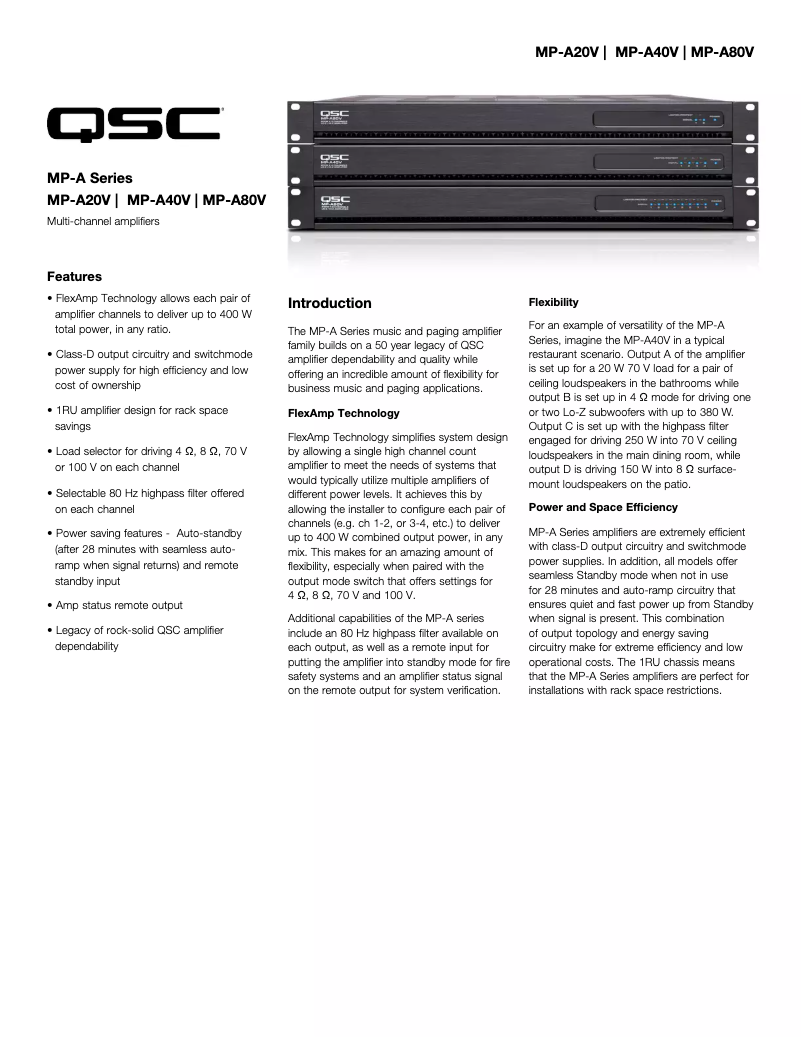 Page 1 de la notice Fiche technique QSC MP-A80V