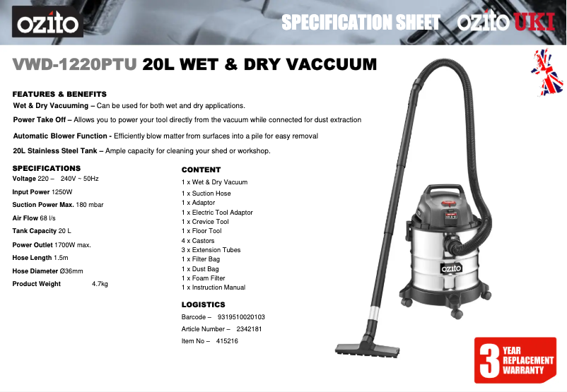 Page 1 de la notice Fiche technique Ozito VWD-1220PTU