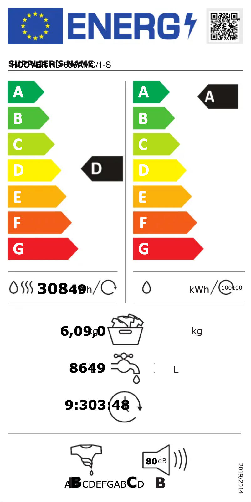 Página 1 del manual Etiqueta energética Hoover H-WASH&DRY 500 HD 696AMC/1-S