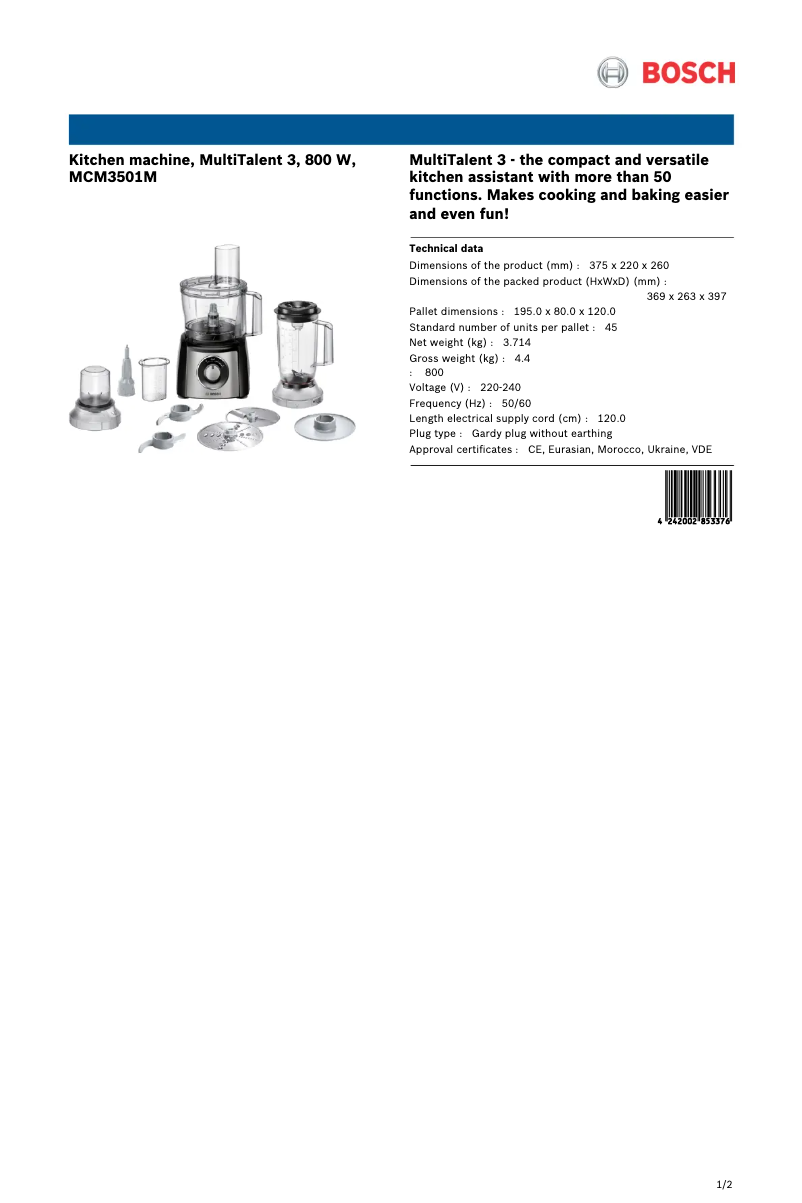 Page 1 de la notice Fiche technique Bosch MCM3501M