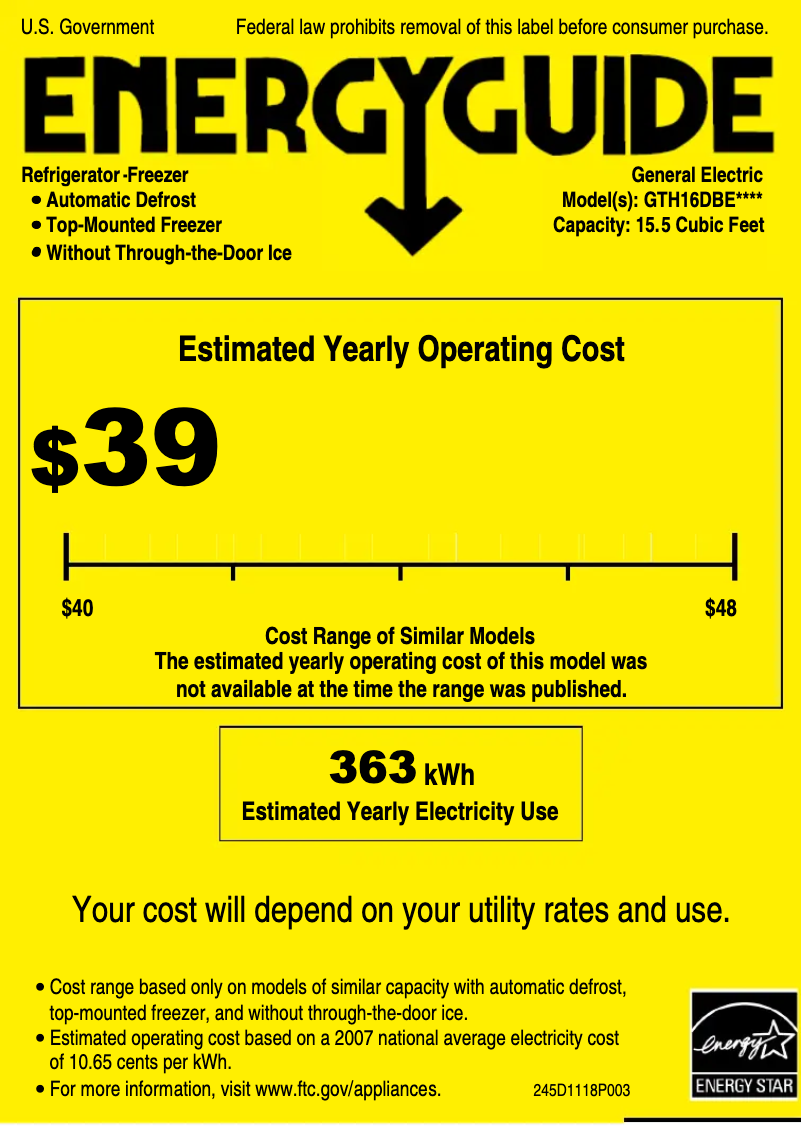 Page n°1 - Label énergétique GE GTH16DBERWW