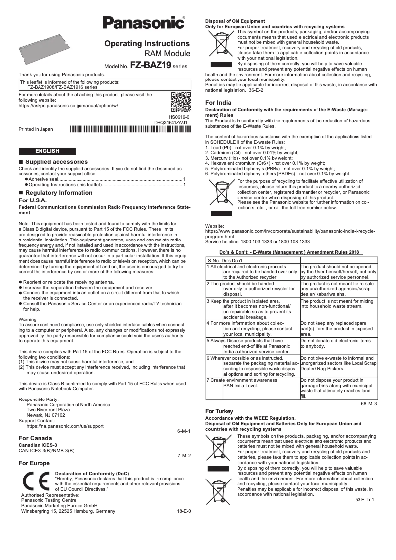 Página 1 del manual Manual de usuario Panasonic FZ-BAZ1916