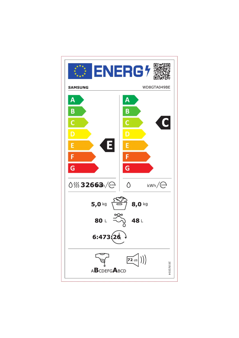 Página 1 del manual Etiqueta energética Samsung WD8GTA049BE