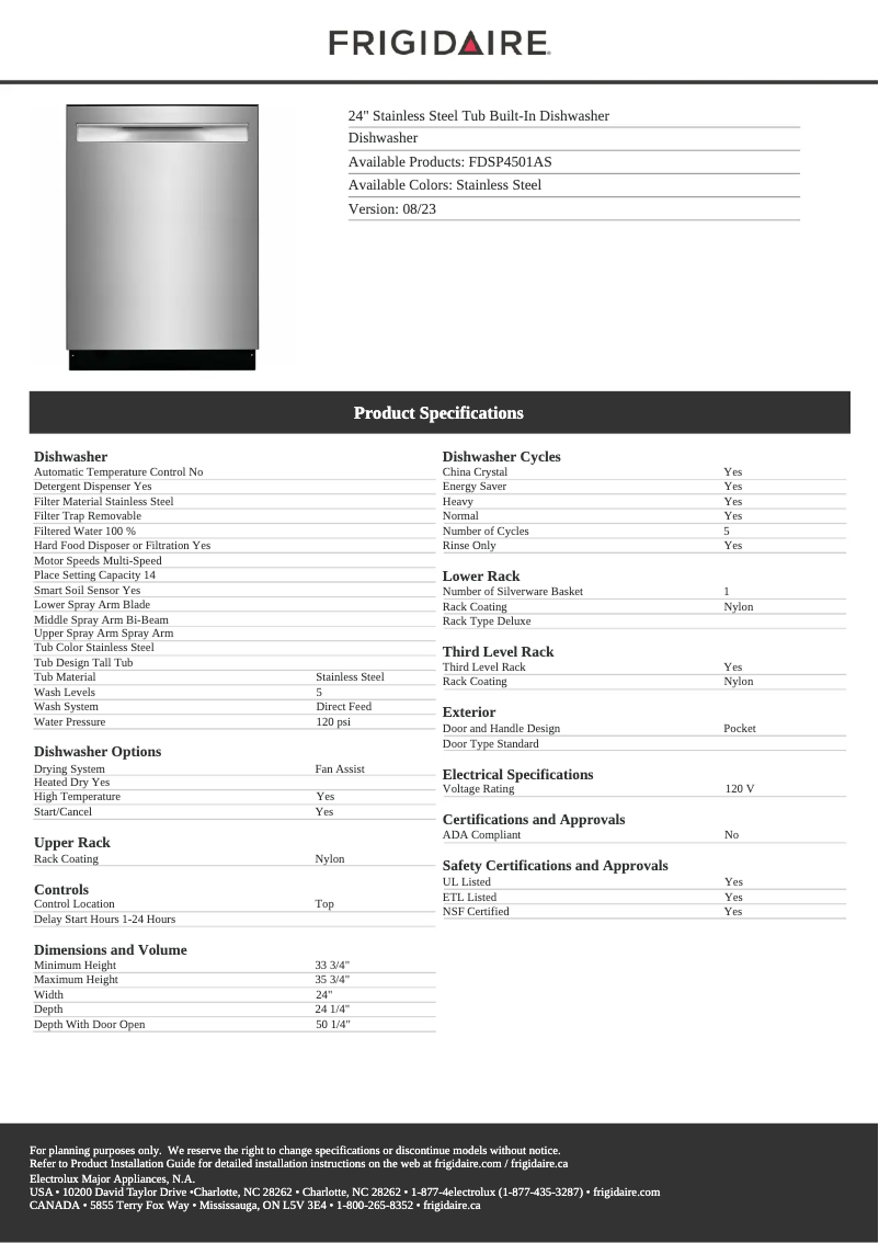 Page 1 de la notice Fiche technique Frigidaire FDSP4501AS