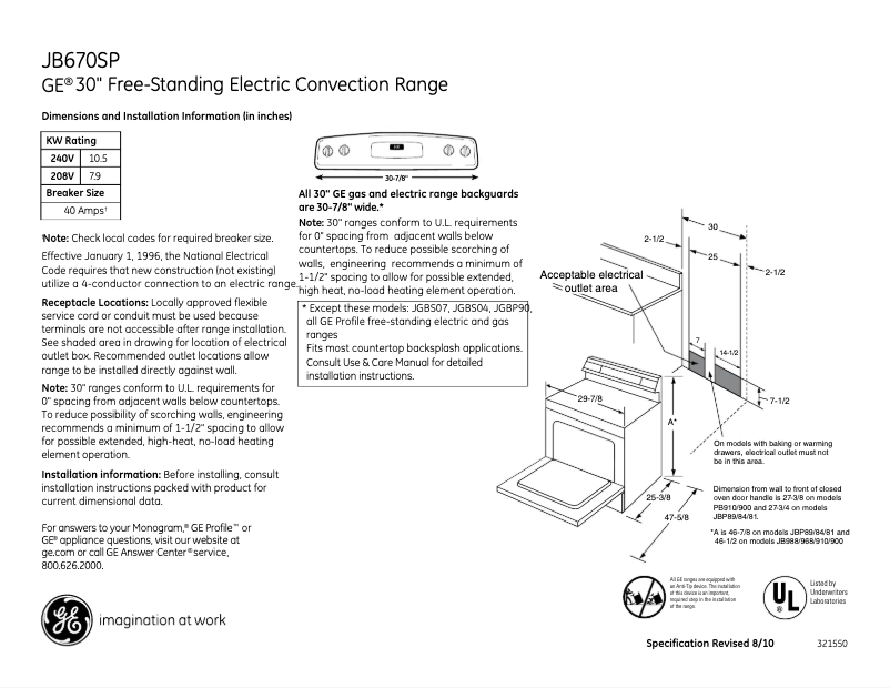 Page 1 of the manual Technical Sheet GE JB670SPSS