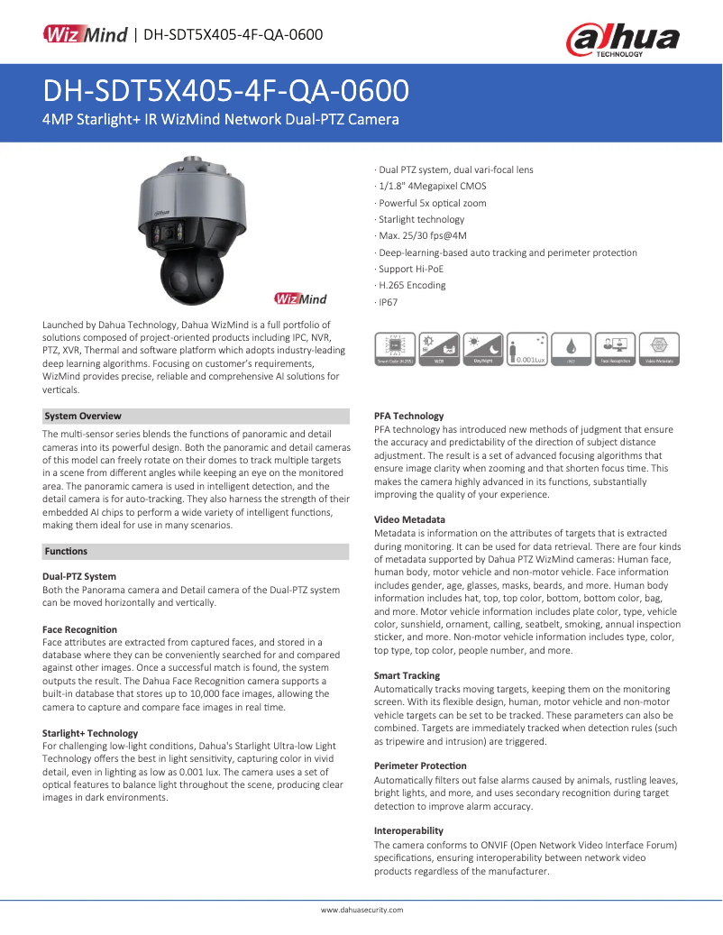 Page 1 de la notice Fiche technique Dahua Technology SDT5X405-4F-QA-0600