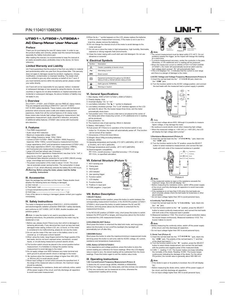 Page 1 of the manual User Manual Uni-T UT202A+