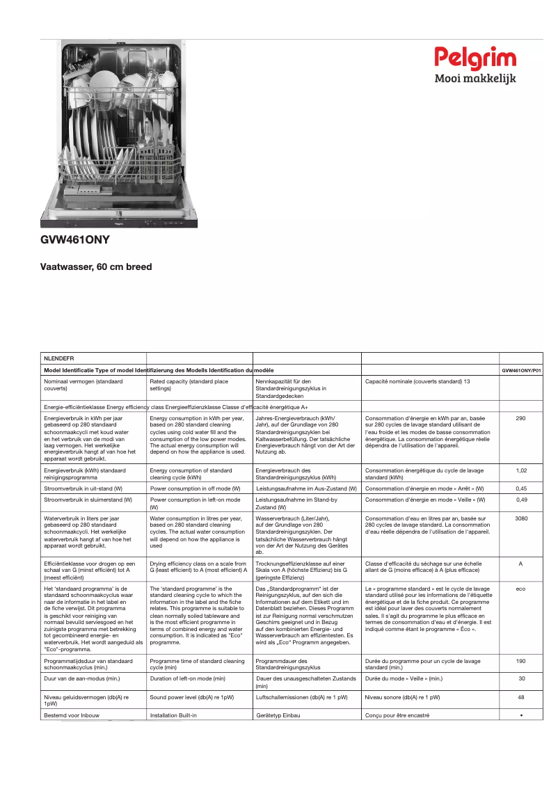 Page 1 de la notice Fiche technique Pelgrim GVW461ONY