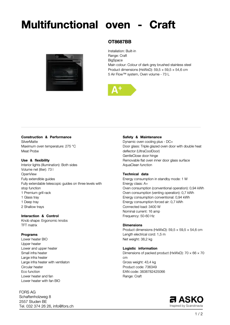 Page 1 de la notice Fiche technique Asko OT8687BB