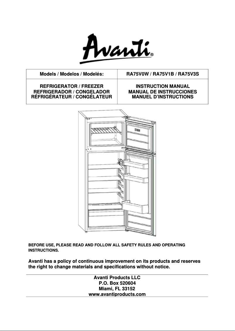 Page 1 de la notice Manuel utilisateur Avanti RA75V3S
