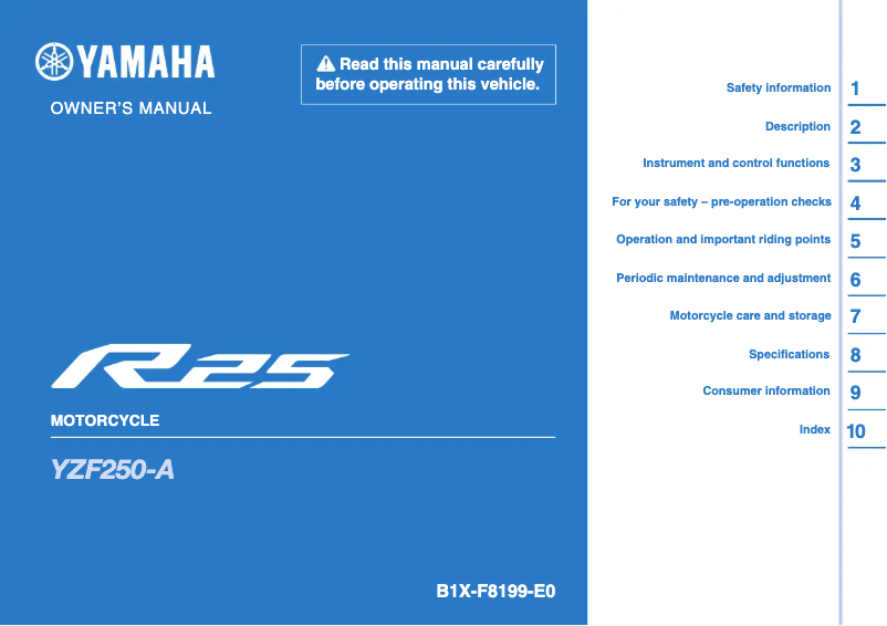 Page 1 de la notice Manuel utilisateur Yamaha YZF-R25 (2024)
