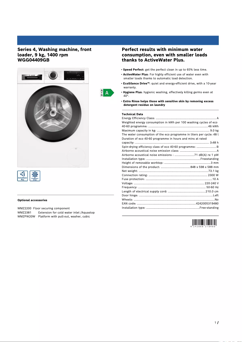 Page 1 of the manual Technical Sheet Bosch Serie 4 WGG04409GB