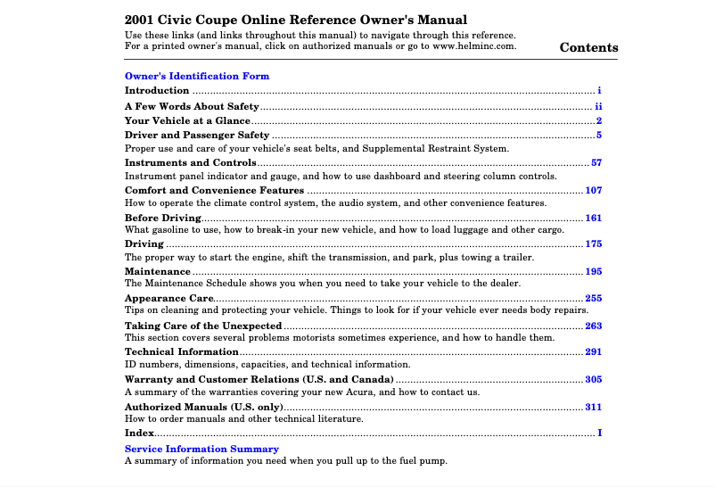Page 1 de la notice Manuel utilisateur Honda Civic Coupe (2001)