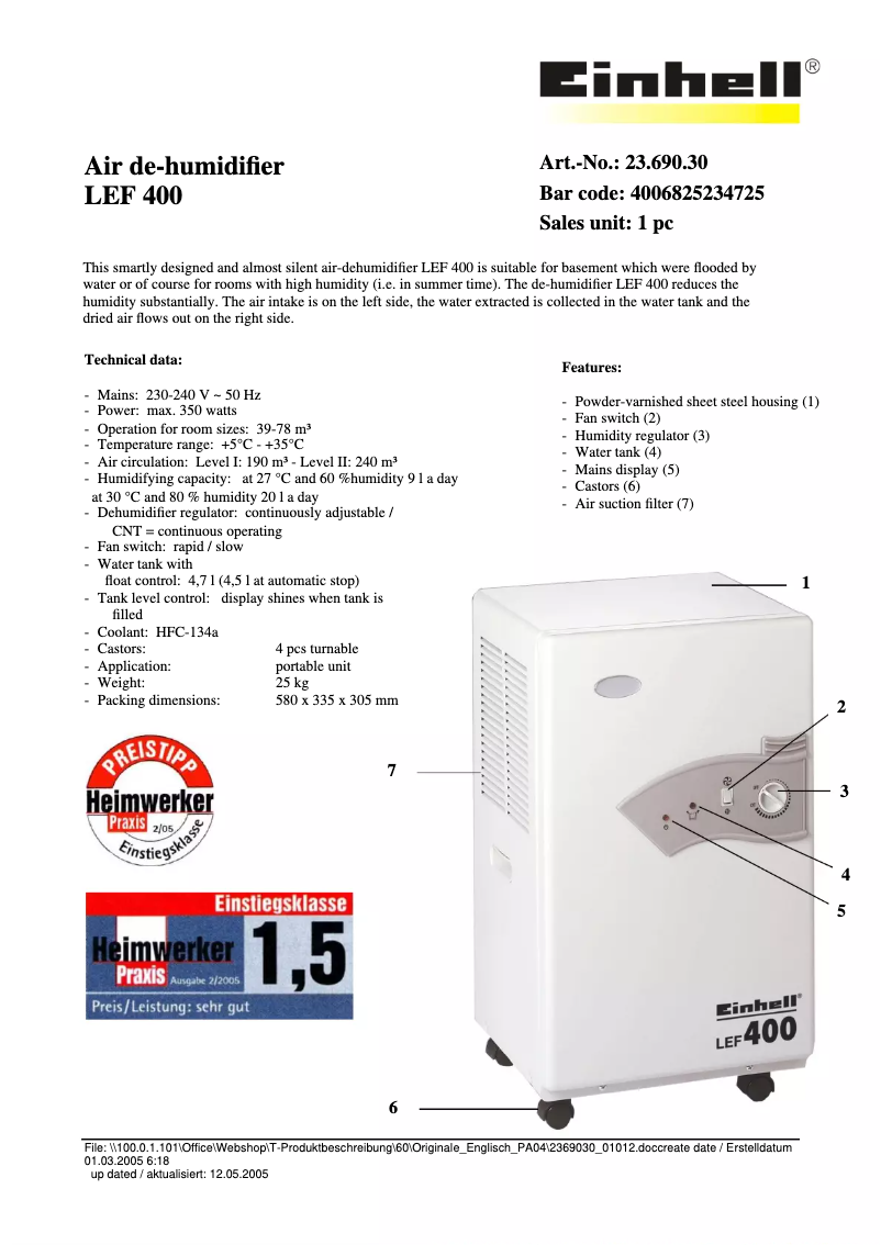 Page 1 de la notice Manuel utilisateur Einhell LEF 400