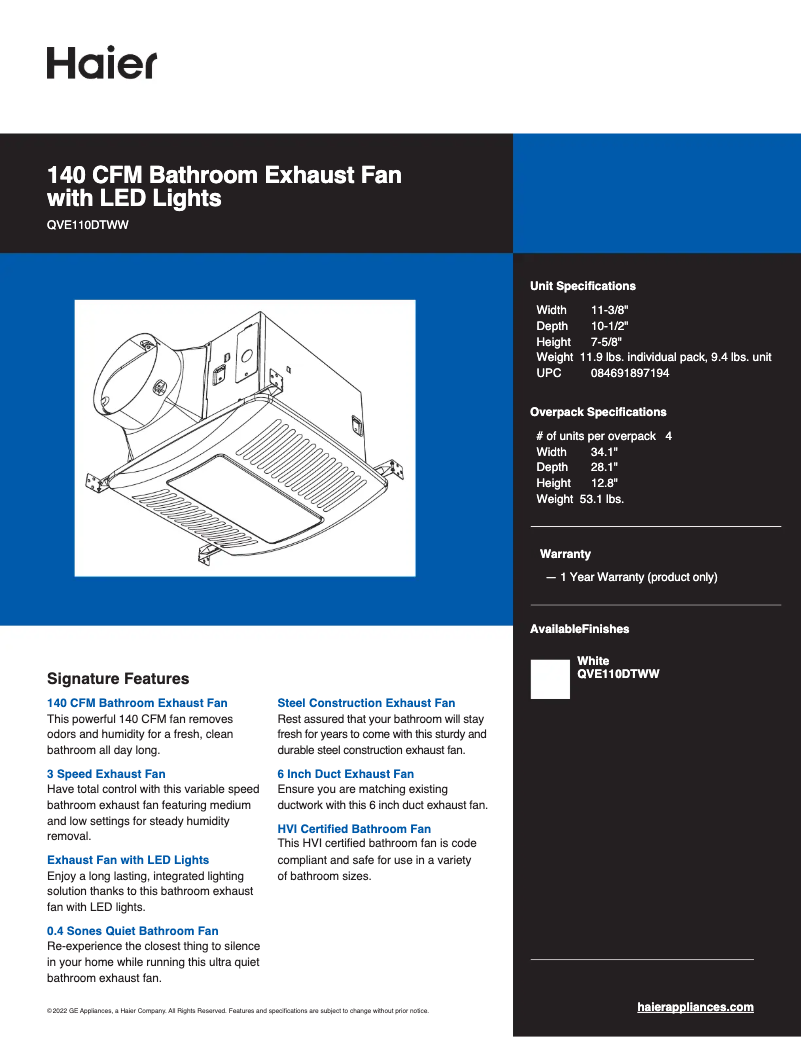 Page 1 de la notice Fiche technique Haier QVE110DTWW