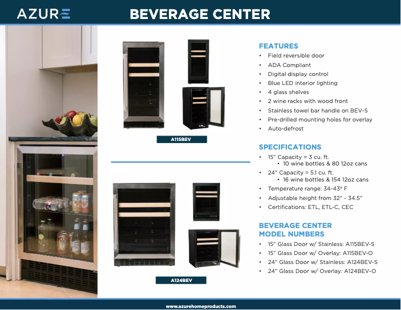 Page 1 de la notice Fiche technique Azure A124BEV-S