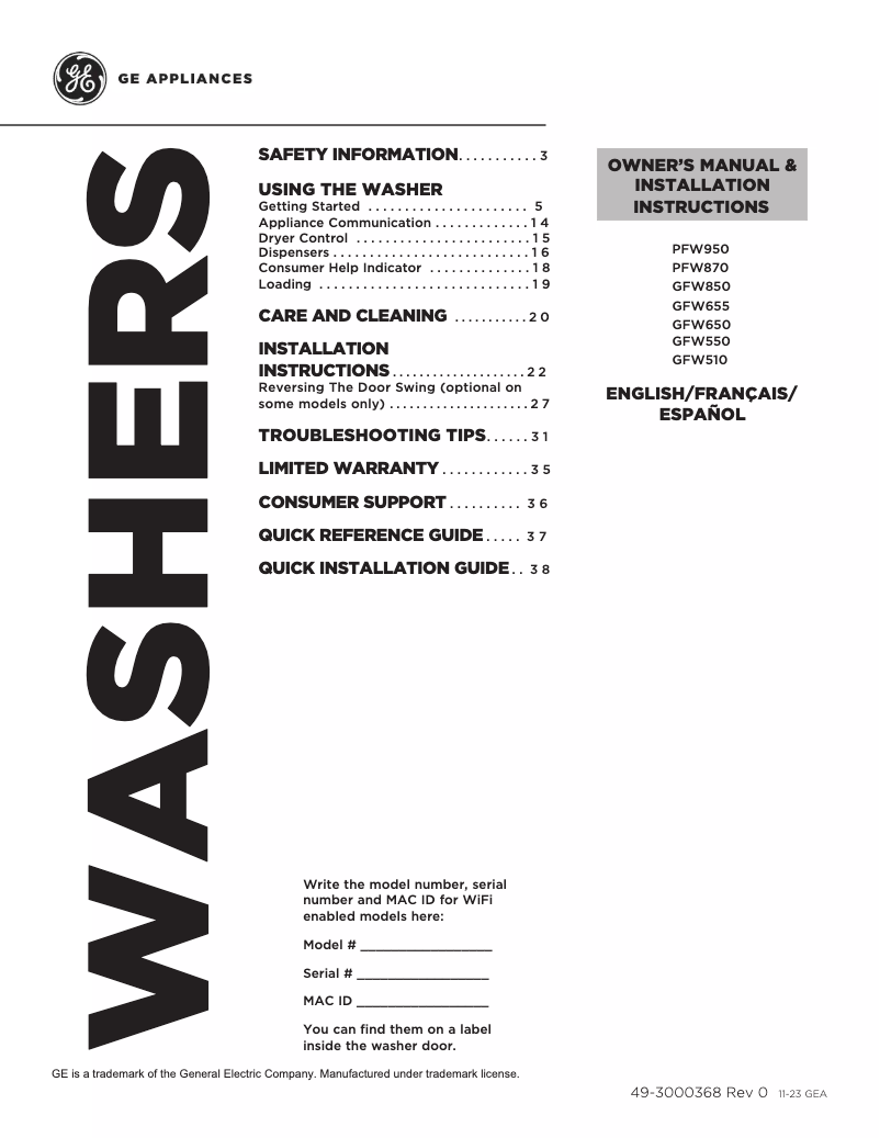 Page 1 of the manual Installation Guide GE GFW850SPNRS