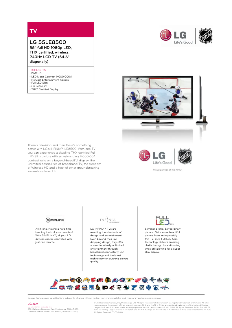 Page 1 de la notice Fiche technique LG 55LE8500