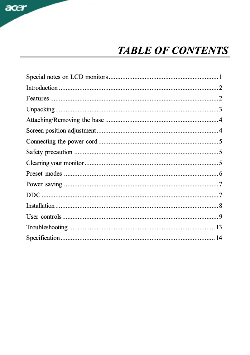 Page 1 de la notice Manuel utilisateur Acer AL1717F