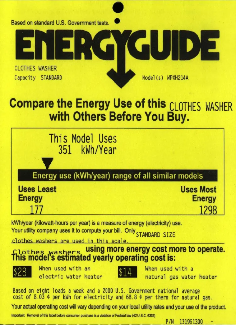 Page 1 de la notice Label énergétique GE Profile WPXH214ACC