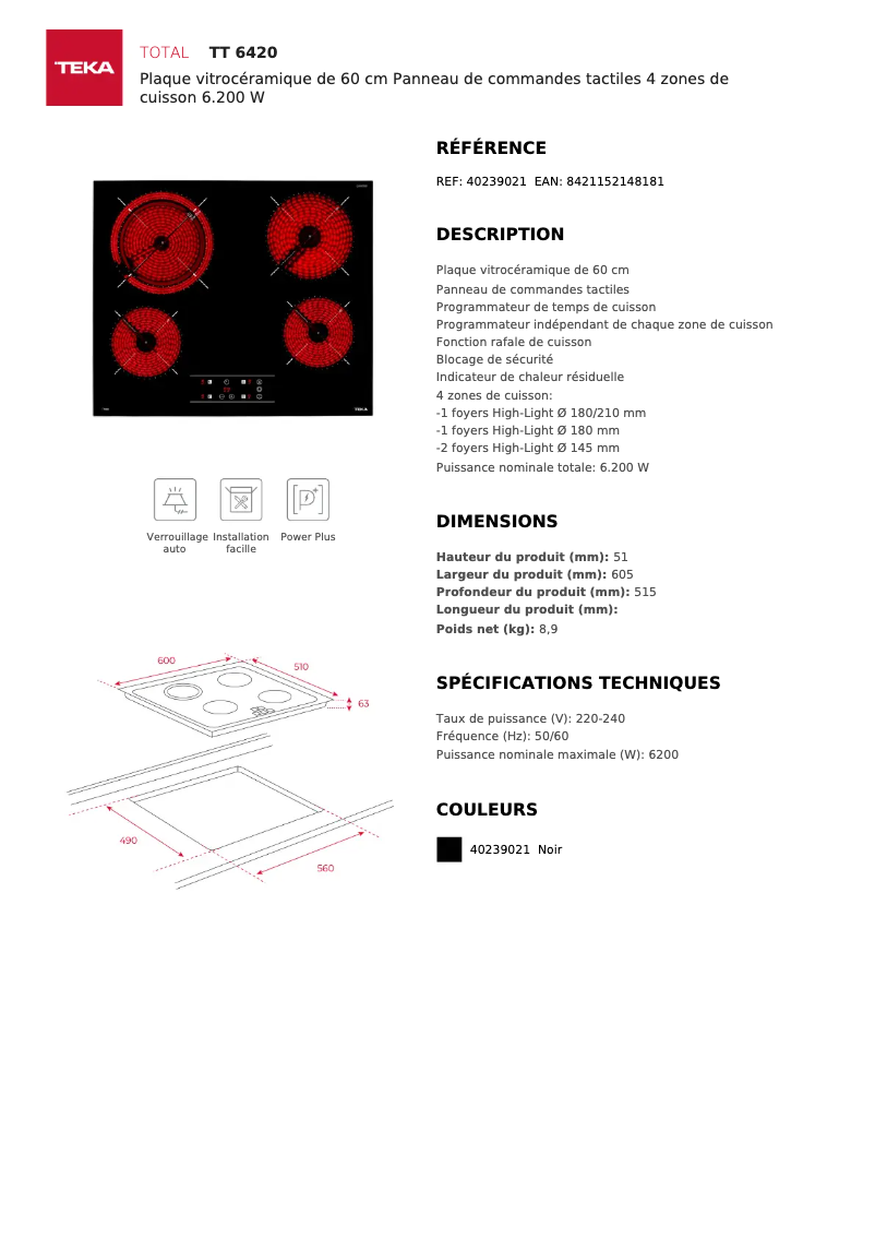 Page 1 de la notice Fiche technique Teka TT 6420