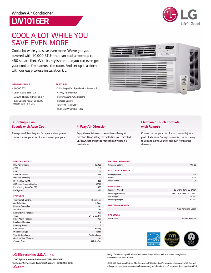 Page 1 de la notice Fiche technique LG LW1016ER