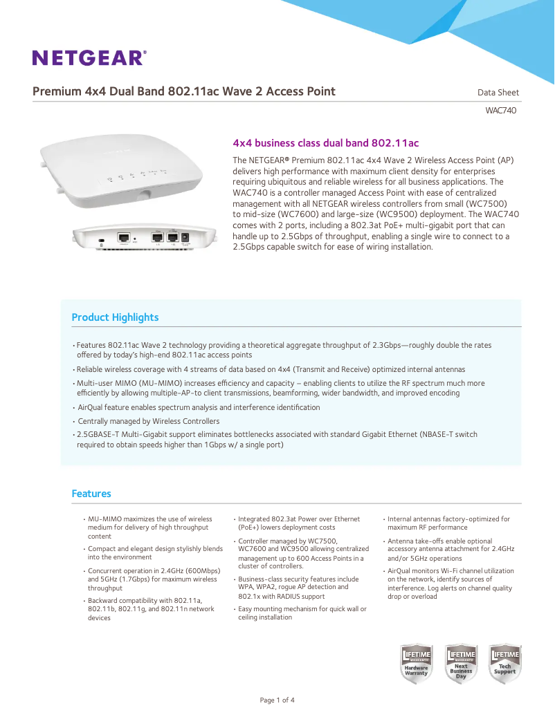 Page 1 de la notice Fiche technique Netgear ProSafe WAC740