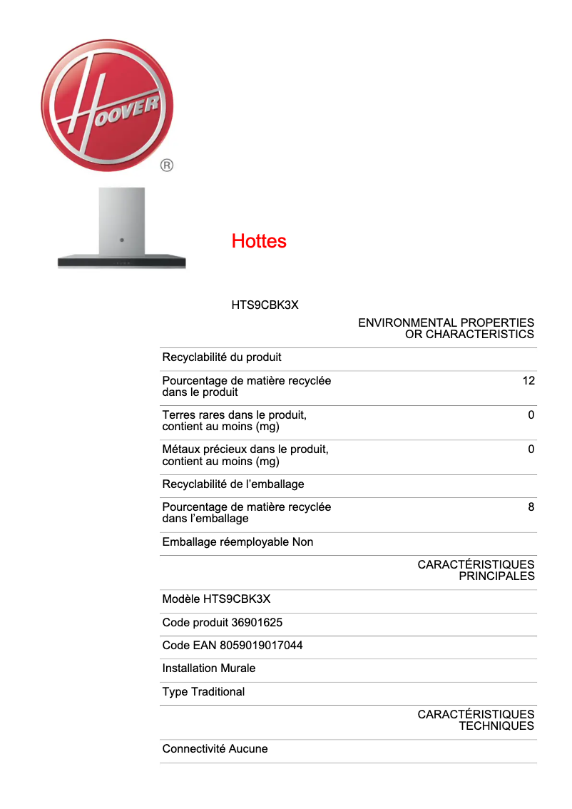 Page 1 de la notice Fiche technique Hoover H-HOOD 300 HTS9CBK3X