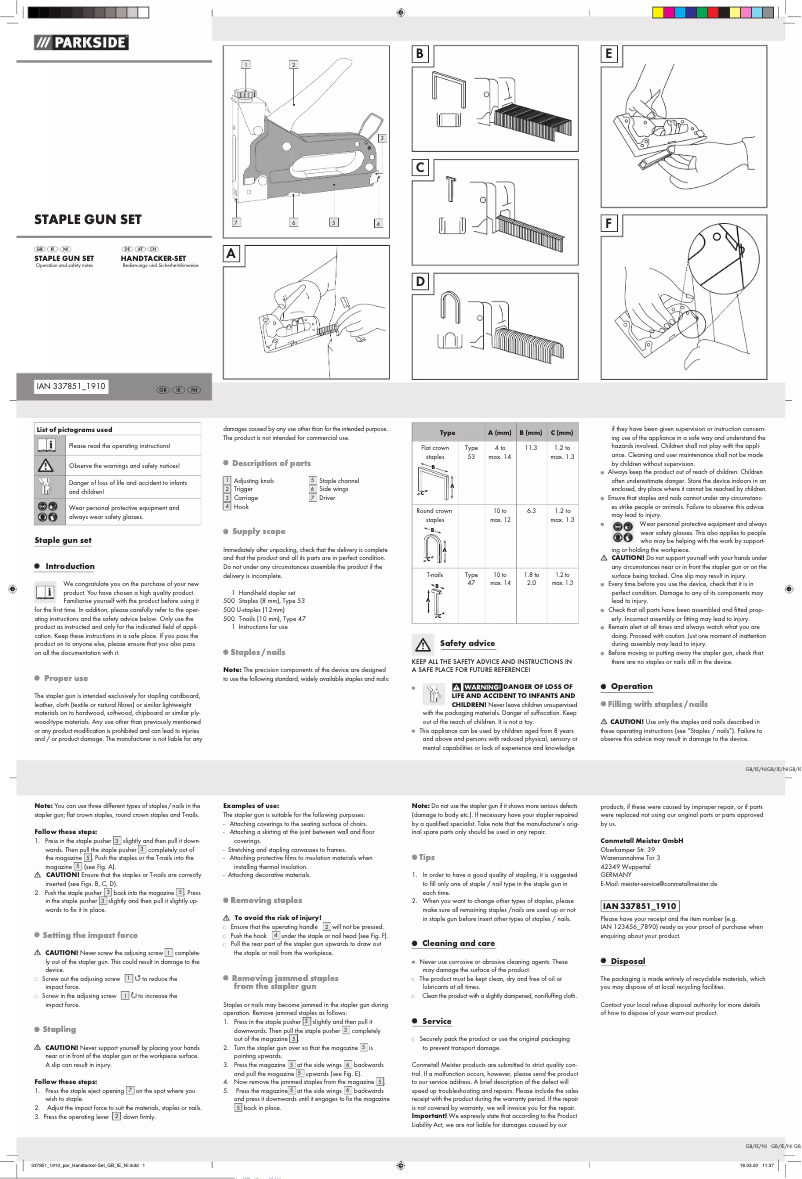 Page 1 de la notice Manuel utilisateur Parkside IAN 337851