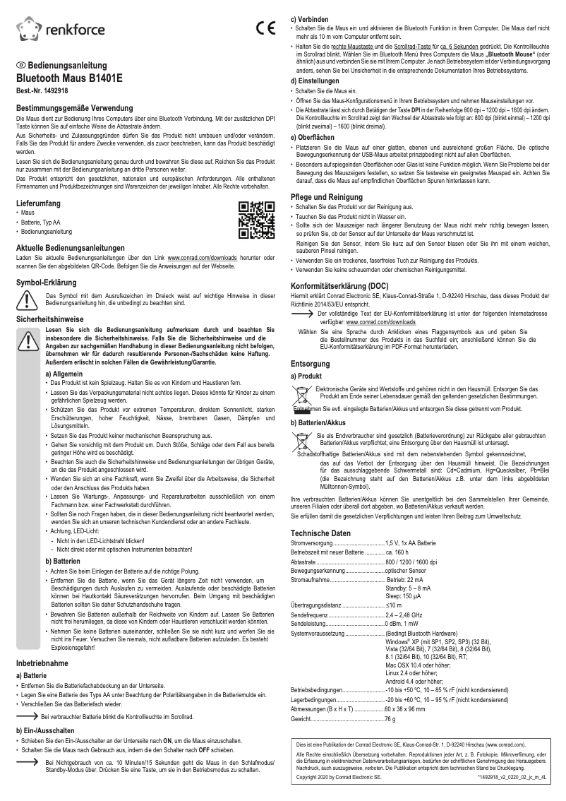 Page 1 de la notice Manuel utilisateur Renkforce B1401E