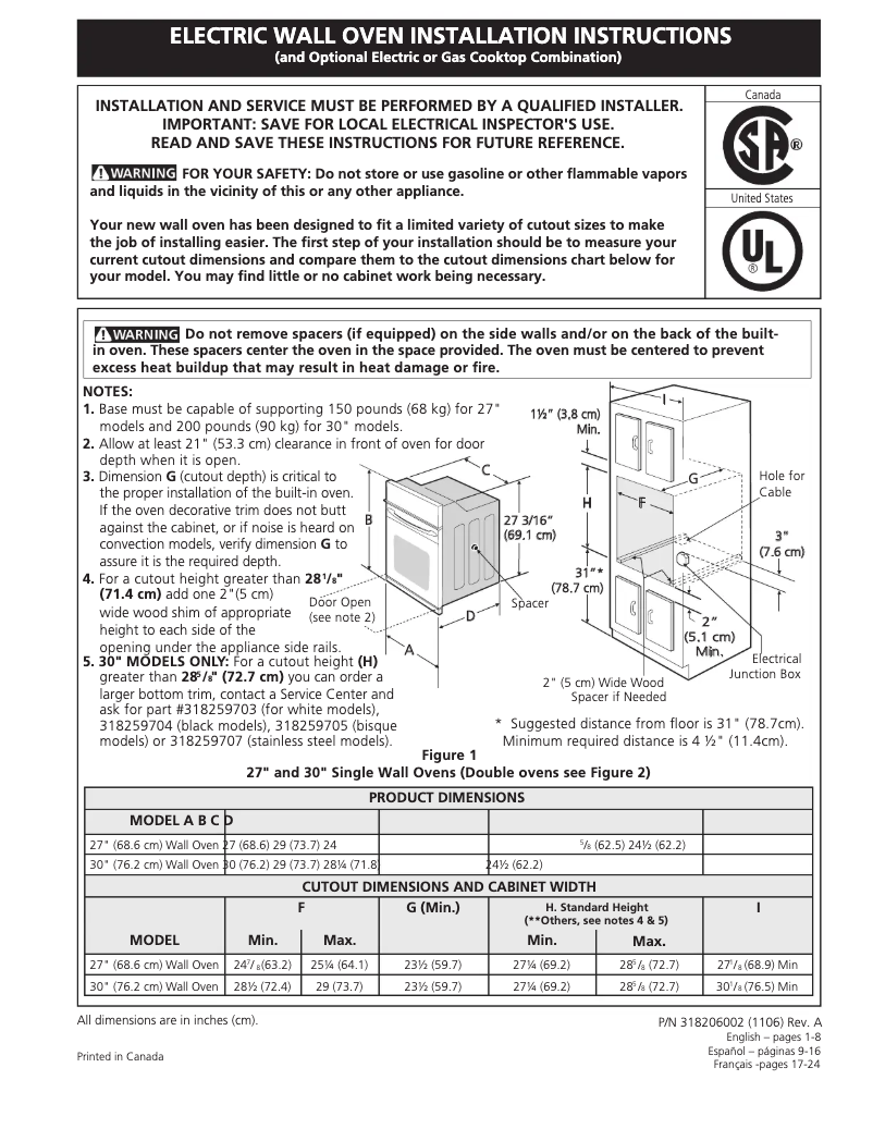 Page 1 de la notice Guide d'installation Frigidaire FGET2745KB