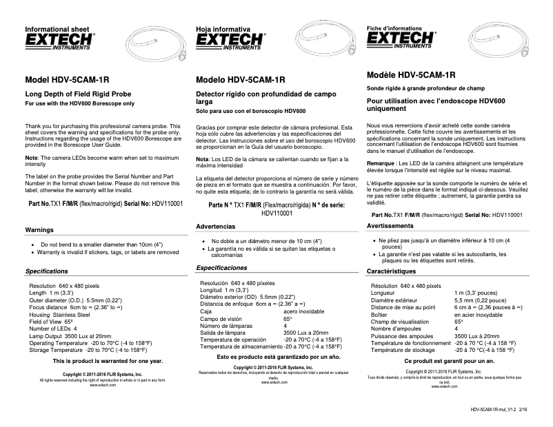 Page 1 of the manual User Manual Extech HDV-5CAM-1R