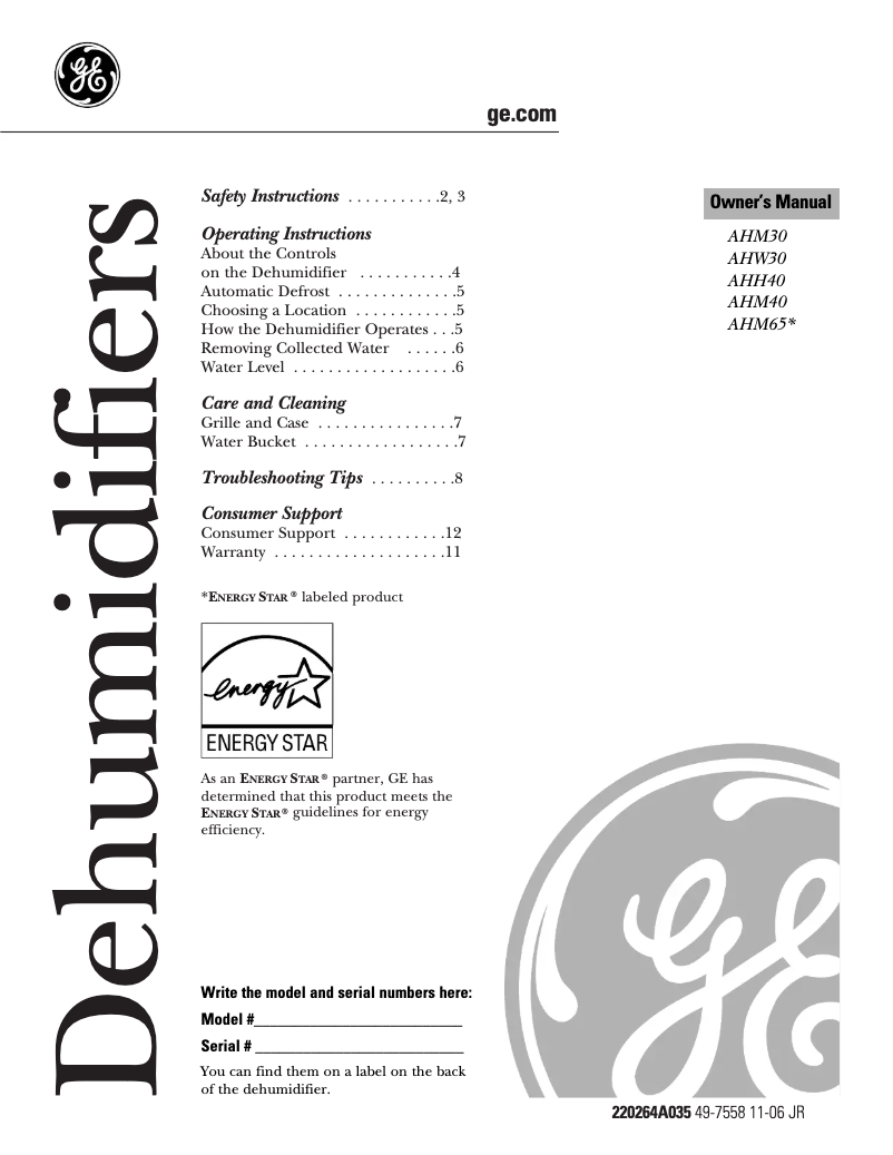 Página 1 del manual Manual de usuario GE AHM65LK