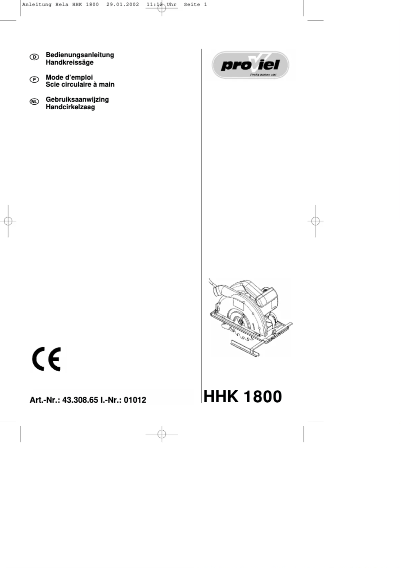 Page 1 of the manual User Manual Proviel HHK 1800